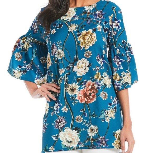 Bryn Walker Diego Tunic Size Medium Floral Print Bell Sleeve Teal Blue Sz M New - Picture 1 of 11